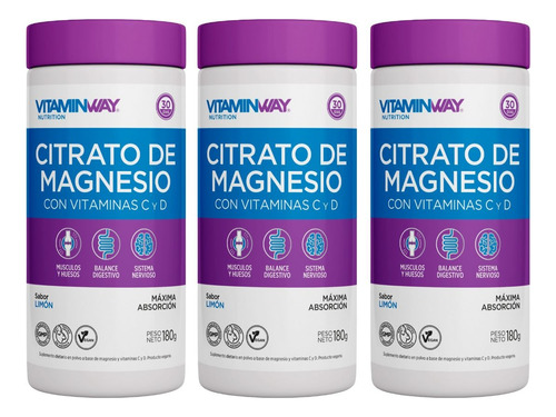 Citrato De Magnesio En Polvo Bebible 180 Gr X3 Vitamin Way