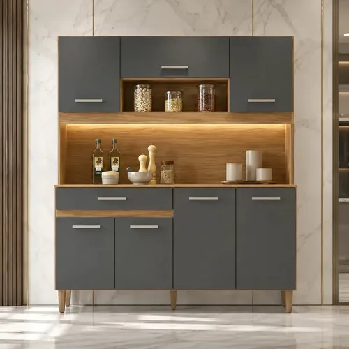 Kit Armario Gabinete Cozinha 7 Portas E 1 Gaveta Organizador Magazine Design Moderno Cor Freijo Chumbo