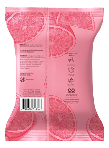 Imagen 3 de 5 de Toallitas Desmaquillantes Burt's Bees Pomelo Rosado 30 Un