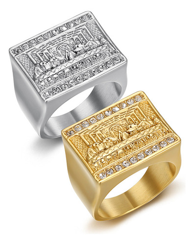Anillo Sello Jesus Ultima Cena Diamante Ice Bling Acero Plateado 18,5mm