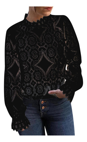 Blusa Transparente De Encaje Con Cuello Alto Y Manga Larga P