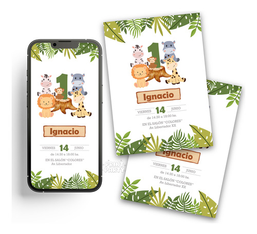 Kit Imprimible Cumpleaños Animales De La Selva Personalizado