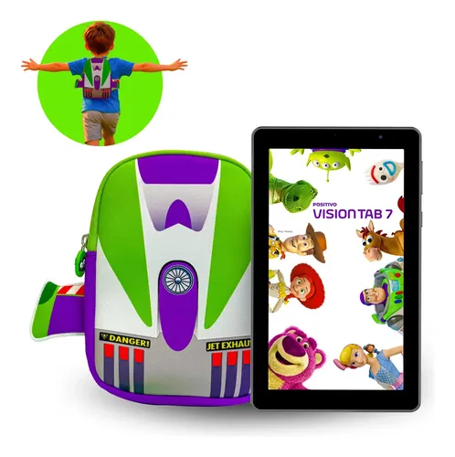 Tablet Infantil Positivo Vision TAB 7 Toy Story Disney 3GB RAM 64GB (expansível até 512GB) Octa-Core Tela 7” Wi-fi Android 14 Go, acompanha Mochila do Buzz Lightyear e Capa de Proteção de Silicone - R$ 519