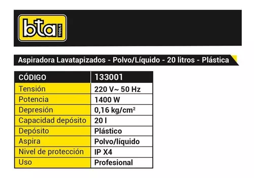 BTA Tools  Aspiradora lava tapizados y alfombras 🥇 limpia polvo y líquido  ALPL20 1400W