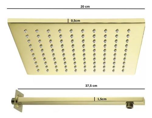 Ducha Quadrada De Parede Dourado Fosco 20x20 Aço Inox 304 Acabamento Escovado Cor Ouro Escovado