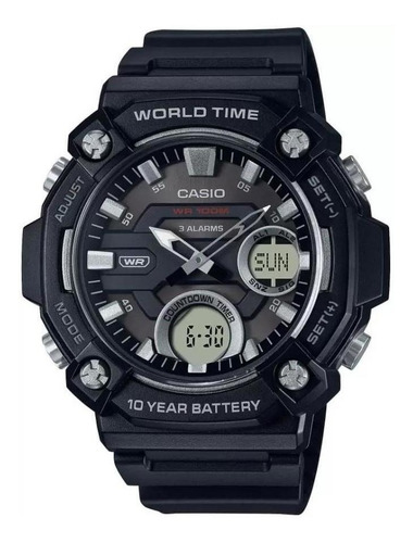 Relógio de pulso Casio AEQ-120 com corpo preto,  analógico-digital, para masculino, fundo  preto e cinza, com correia de resina cor preto, agulhas cor prateado, branco e preto, subdials de cor prateado e preto, subesferas cor cinza e prateado, ponteiro de minutos/segundos prateado e preto, bisel cor preto