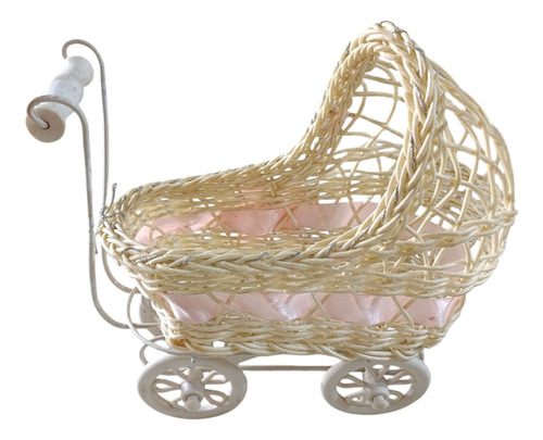 Coche P/muñeca,juguete, Armazón De Metal E Imitación Mimbre Blanco Antiguo (Usado)