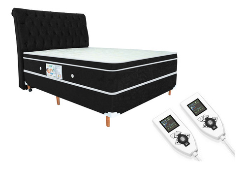 Colchão Magnético Casal 1,38x1,88 Hr Premium Massageador 2 Controles Energia Bio Quântica Infra Vermelho + Cama Box Cor Preto