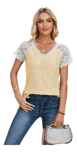 Camiseta Informal Con Cuello En V Y Panel Encaje Con Ojales