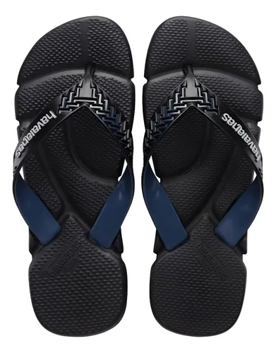 Vista superior do par de chinelos Havaianas Power 2.0 na cor preta com detalhes em azul