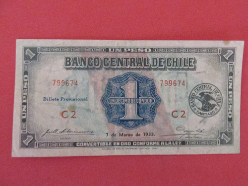 Billete Chile 1 Peso Firmado Subercaseaux- Meyerholz 1933 