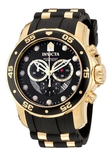 Reloj de pulsera Invicta Pro Diver 6981 de cuerpo color negro y oro, analógico, para hombre, fondo negro, con correa de acero inoxidable/silicona color oro y negro, agujas color oro, blanco y rojo, dial oro y blanco, subesferas color negro y oro, minutero/segundero blanco, bisel color negro y oro y hebilla simple