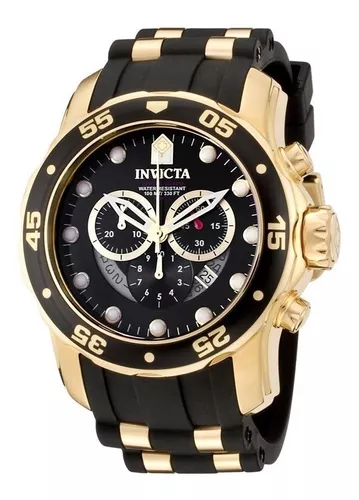 Reloj pulsera Invicta Pro Diver 6981 de cuerpo color negro y oro,  analógico, para hombre, fondo negro, con correa de acero  inoxidable/silicona color oro y negro, agujas color oro y blanco y