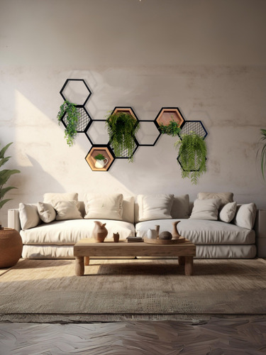Nicho Sala De Ferro Estilo Industrial Colméia 10 Hexágonos Cor Marrom