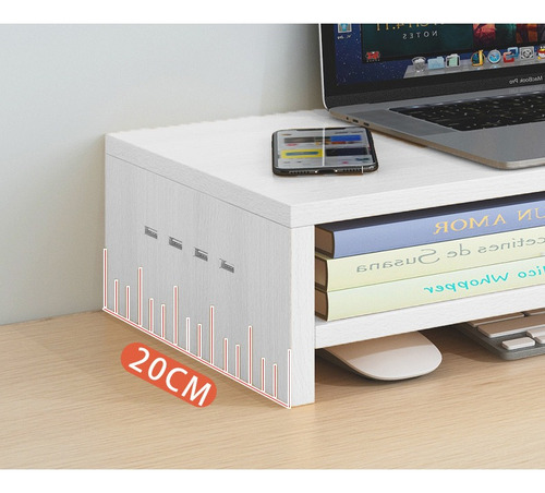 Base Elevador Monitor Soporte 2 Niveles Con Carga Usb Blanco