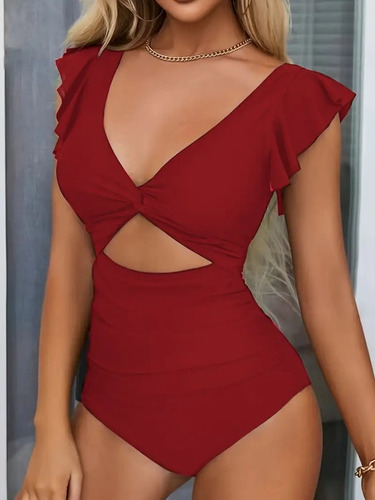 Traje De Baño De Corte Alto Con Cuello En V De Color Sólido
