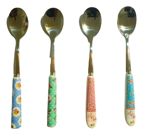 Set De 4u Cucharas Para Postre Mango De Cerámica Estampado