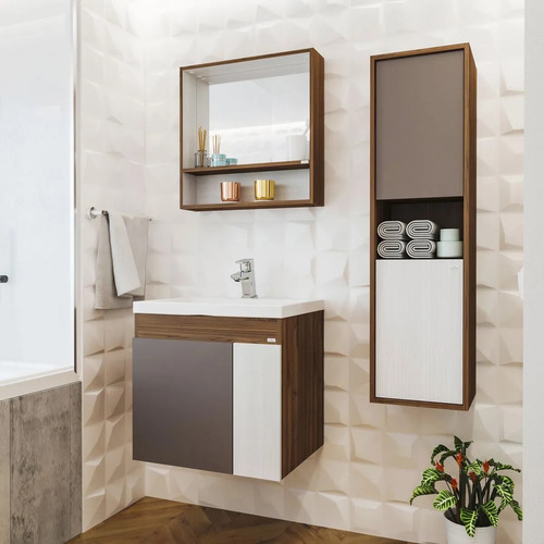 Mueble Baño Con Puertas Y Repisa - Klipen Kyle Marrón Claro Blanco Sin Agujeros