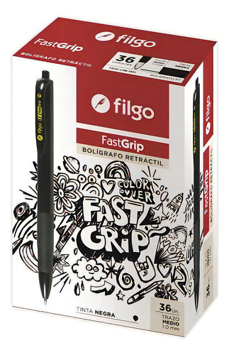 Boligrafo Filgo Fastgrip 1mm Retractil Tubo X 36unid Negro Color de la tinta Negra