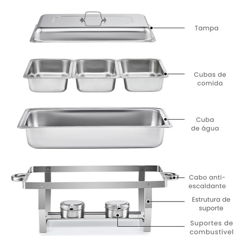 Rechaud Retangular Inox 3 Cubas Gn 1/3 X 65 Mm 9 Litros Buffet Self Service Banho Maria Com Alça E Tampa Removível
