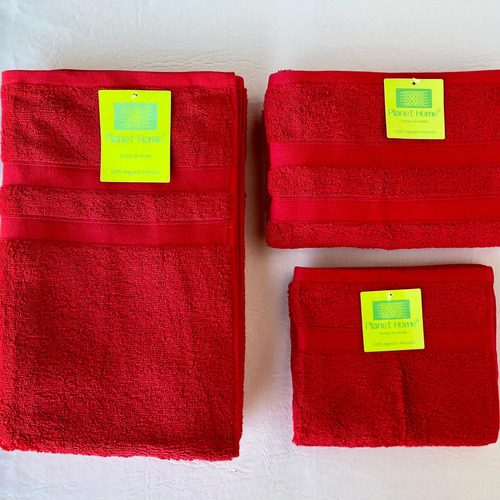 Conjunto De Toallas Y Toallon Planet Home Algodón 100% Peina Rojo Lisa