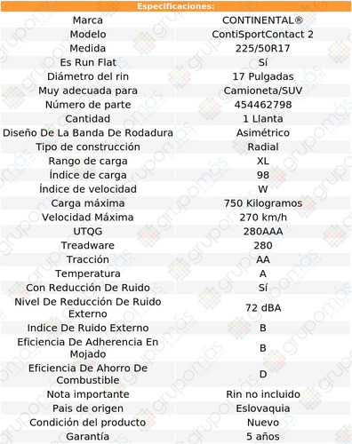 1 Llanta 225/50r17 98w Conti Sportcontact 2 Radial Run Flat