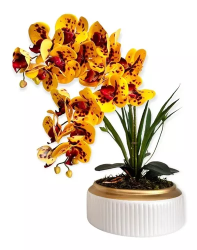 Arranjo De Orquídeas Em Silicone Em Vaso Dourado