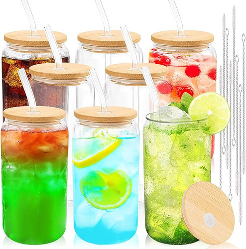 Vasos Vidrio Con Tapas Y Pajitas Bambu Juego 8 Tazas Helado