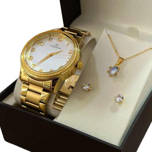 Relógio Feminino Champion Analógico Dourado +colar E Brincos