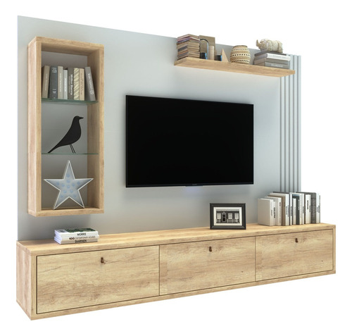 Panel Tv Rack Flotante Delos Dro04 Varillado Hasta 65´´ Color Roble Nebraska Natural/blanco Laca