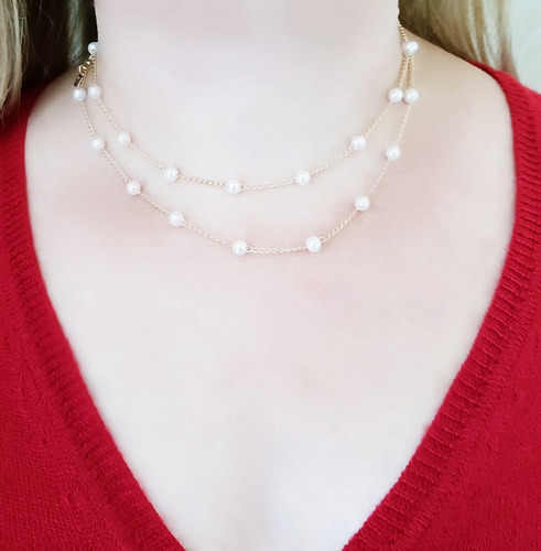 Imagem 3 de 7 de Colar Longo Feminina Pérola Semi Jóia Banhado Ouro 18k