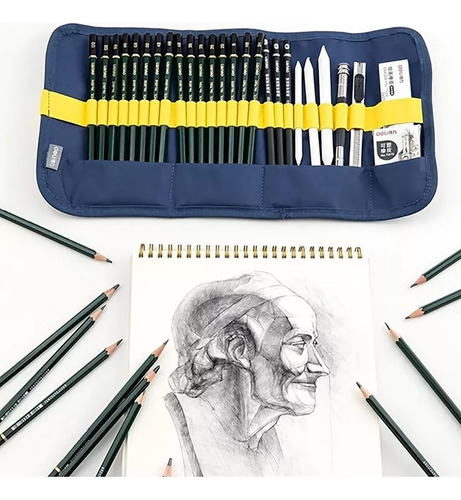 Set Dibujo Artistico 27 Piezas Lapices Grafito Gomas Arte Trazo Azul