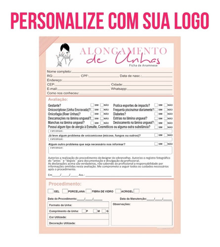 Ficha Anamnese Personalizada Alongamento De Unhas C/100 Fls