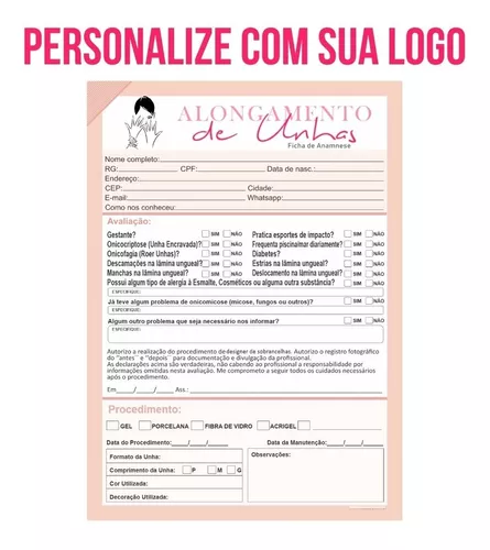 Ficha Anamnese Alongamento De Unhas + Cuidados Blocos 100fls