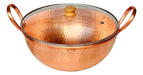 Tacho De Cobre 1,5 Litro Com Alças De Cobre E Tampa De Vidro