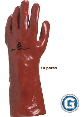 10 Par Guante Pvc Soporte Jersey Algodón Deltaplus 35cm Rojo