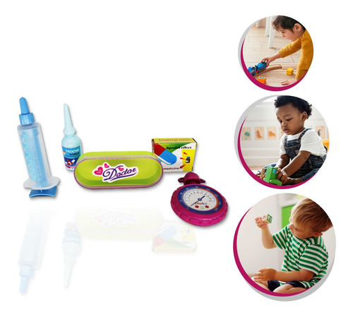 Imagem 1 de 7 de Brinquedo Kit Medico Infantil 6pç Seringa Caixa De Remedio