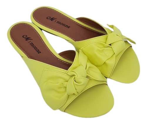 Imagem 3 de 5 de Chinelo Rasteira Feminino Cor Amarelo Com Detalhe Em Laço