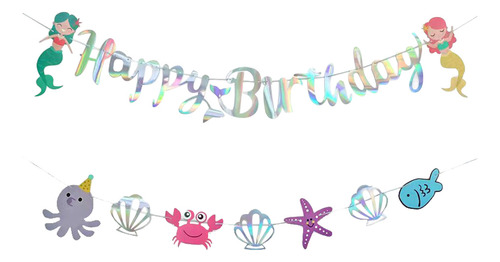 Cartel De Feliz Cumpleaños Con Diseño De Sirena, 2 Piezas De