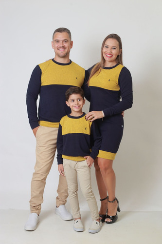 Kit Família Suéter 3 Peças Vestido E Blusas Marinho/mostarda
