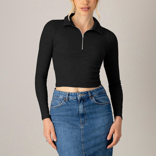 Blusa Corta Manga Larga Cremallera Mujer Cuello V Ajustada