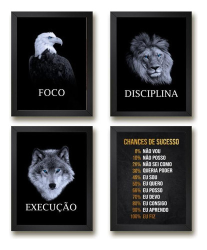 Kit 4 Quadros Motivacionais 33x24cm - Vidro E Moldura Preta