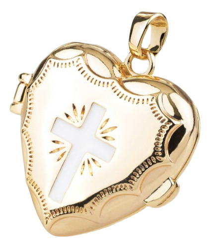 Dije Relicario Corazón Cruz Religioso Chapa De Oro 14k 1 Pz Relicario Corazón 27mm