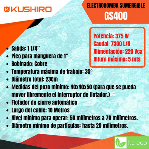 Imagen 3 de 9 de Bomba De Agua Sumergible 1/2 Hp Gs400 Kushiro Desagote Sucia
