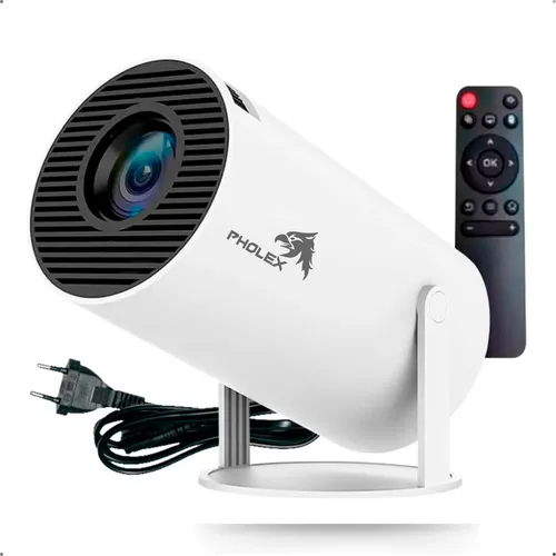 Projetor HY300 Smart Portátil Pholex Full HD 4K Android 11 WiFi Bluetooth Mini Projetor Home Theater Branco Imagem Nítida Alta Luminosidade Som Potente Compatível com Celular TV Box e Notebook