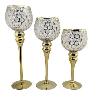 Juego De 3 Copas Portavelas Figura Hexagonal Y Base Dorada