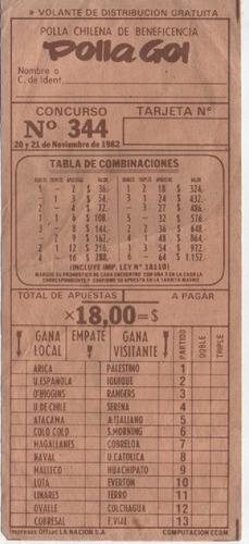 Cartilla Polla Gol Antigua / Concurso N° 344/ Año 1982