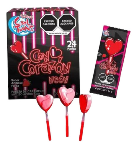 Paleta De Corazon Neon Con Palito Luminoso Brilla 72 Pzs