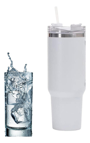 Vaso térmico grande de acero inoxidable doble, botella blanca plana con tapa de pajita de 900 ml