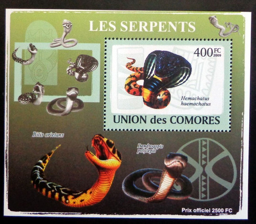 Comores Fauna, Bloque 1 Sello Serpientes 400fc 09 Mint L9315